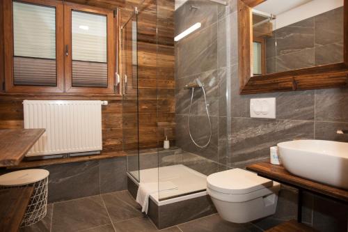 卢瑟Family fun Pohorje的浴室配有卫生间、盥洗盆和淋浴。