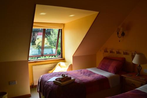 芬德霍恩Sunflower Bed & Breakfast的一间小卧室,配有两张床和窗户