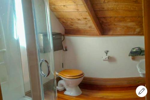 阿卡罗阿Gate Keepers Cottage的一间带卫生间和木制天花板的浴室