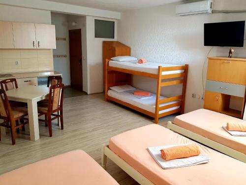 VinicaVIK Apartments的一间小房间,内设厨房,还有一间房间,配以桌子