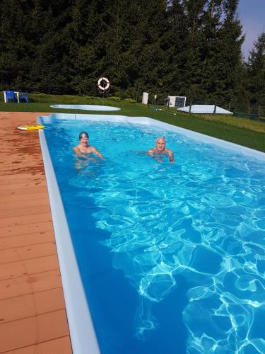 Sądry扎葛洛达瓦特里民宿的两个男人在游泳池里,有一只飞盘