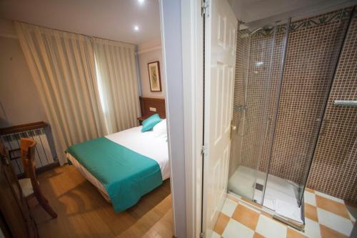 索里亚Hotel Alba的一间卧室设有一张床和一个玻璃淋浴间
