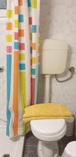 阿达玛斯Anna Zisimos的浴室设有卫生间和色彩缤纷的浴帘。