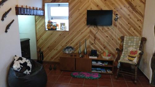 富尔纳斯Casa do Vale Encantado的客厅设有木墙,配有电视。