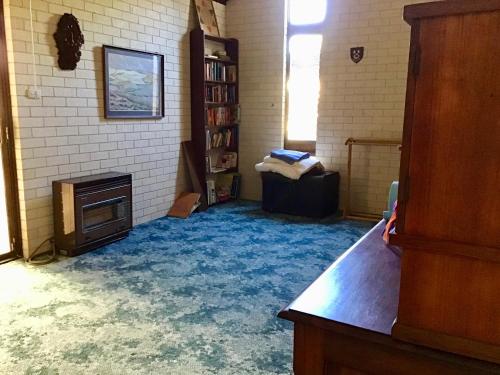 VasseMemories by the Sea - Busselton的客厅配有壁炉和蓝色地毯。