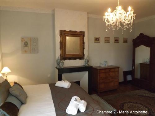 Lalinde美森波特德尔马蒂住宿加早餐旅馆的一间卧室配有一张床、镜子和吊灯