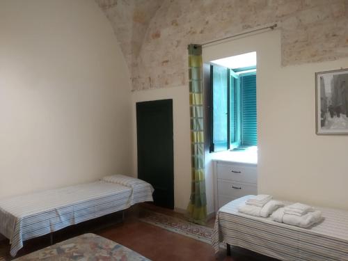 法萨诺Splendida villa a Selva di Fasano的小房间设有两张床和窗户