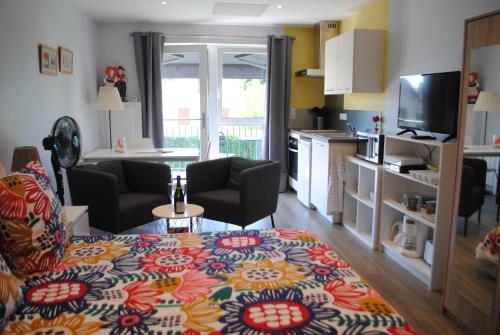 科尔马舒适角落公寓 的带沙发的客厅和厨房