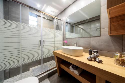 雅典M&D Luxury Suites in central Athens的一间带水槽和淋浴的浴室