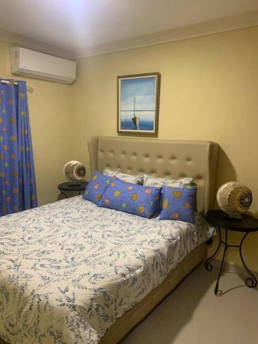 苏莎亚Cozy 2br-2bt Apt Near The Beach And Main Street的一间卧室配有一张带蓝色枕头的床