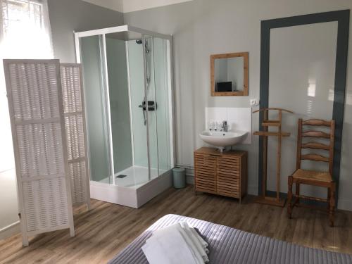 La Haye-du-Puits勒康莫塞酒店的一间带玻璃淋浴和水槽的浴室
