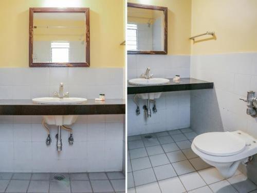浦那Hotel Nandanvan Annexe的浴室的两张照片,配有卫生间和水槽