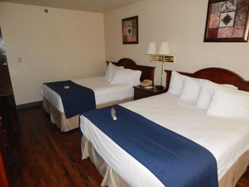 苏圣玛丽Americas Best Value Inn Sault Ste. Marie的一间酒店客房,房间内设有两张床