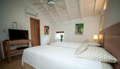 卡塔赫纳Posada La Fe by BespokeColombia的一间卧室配有两张床和一台平面电视