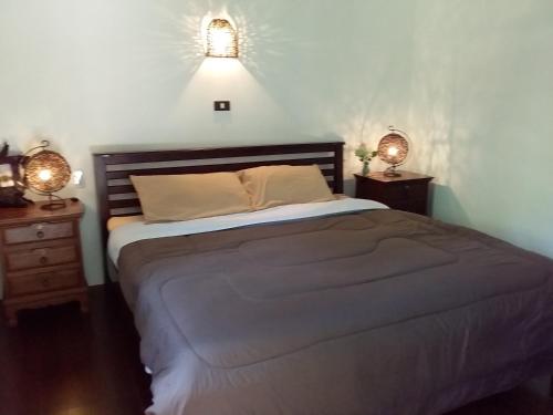 帕克蒙美丽的花度假村的一间卧室配有一张带2个床头柜和2盏灯的床。