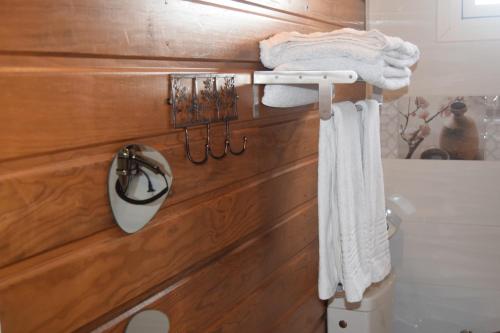 大博格Gîte étoile du matin Grand-bourg de Marie-galante的浴室设有挂在木墙上的白色毛巾