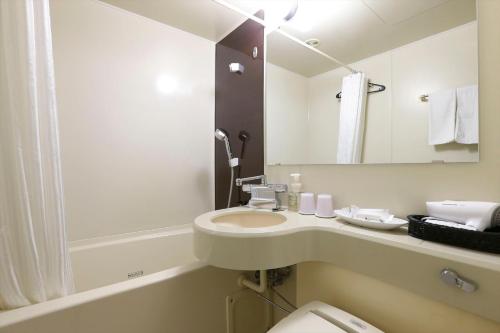 东京Almont Inn Tokyo Nihonbashi的一间带水槽、卫生间和镜子的浴室
