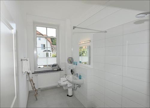 巴特恩豪森City Hotel ApartM3 am Park的白色的浴室设有卫生间和水槽。