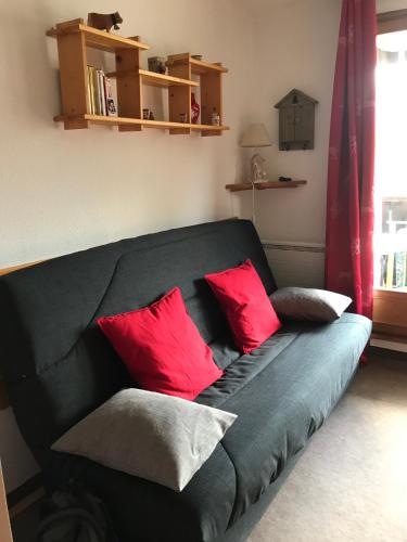 阿洛斯STUDIO MONTAGNE 4 PERSONNES LE SEIGNUS BAS的客厅里配有红色枕头的黑色沙发