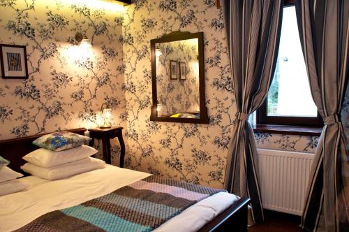 布拉索夫阿里纳公寓酒店的一间卧室配有一张床、镜子和窗户
