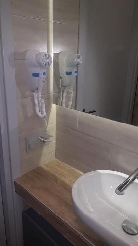 亚历山德鲁波利斯Apartment 22的浴室的柜台设有水槽和镜子