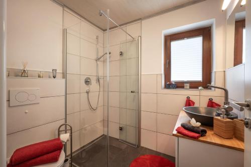 布里克森谷地霍普夫加尔滕Salven-Lodge的带淋浴、水槽和浴缸的浴室