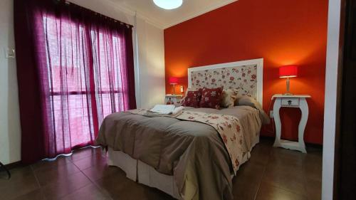 圣达菲Apartamento 4 de Enero的一间卧室设有一张带红色墙壁和窗户的床。
