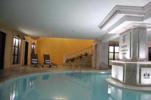 萨卡特卡斯Meson de la Merced的在酒店房间的一个大型游泳池