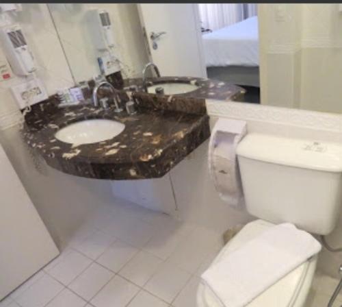 圣保罗Loft Confortável e Moderno的一间带卫生间、水槽和镜子的浴室
