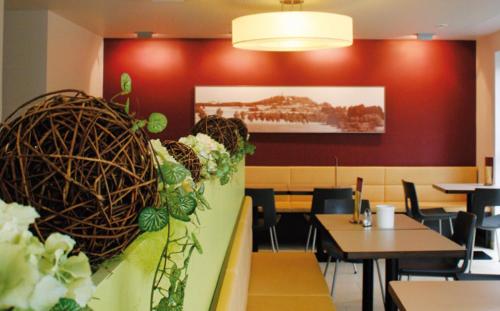 里斯河畔比伯拉赫阿德勒客房旅馆的一间设有桌椅的餐厅,墙上挂着植物