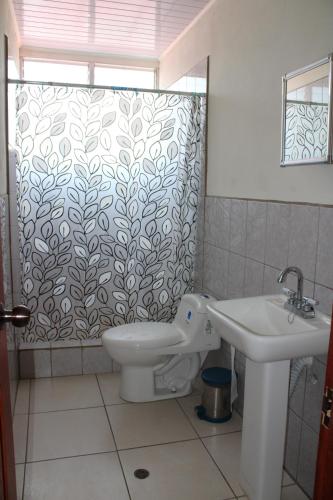 马萨亚Hostal Libertad的浴室配有水槽、卫生间和浴帘