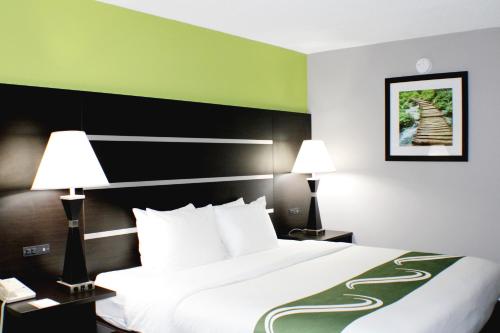 贝德福德Quality Inn & Suites Bedford West的一张大床,位于酒店带两盏灯的房间