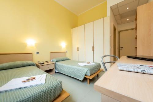 罗马​​唐卡拉布里亚卡萨费里歌剧院酒店的一间医院间,配有两张床和一张书桌
