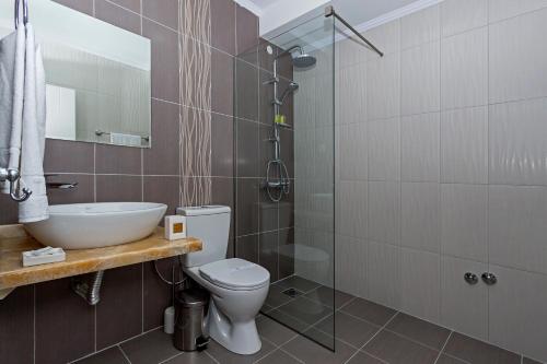 奥赫里德Green Space Hotel的浴室配有卫生间、盥洗盆和淋浴。