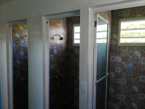 太子港Park Hostel的带淋浴的浴室和玻璃门