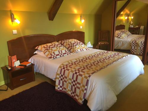 塞勒－圣但尼Auberge Du Cheval Blanc - Teritoria的配有一张大床和镜子的酒店客房