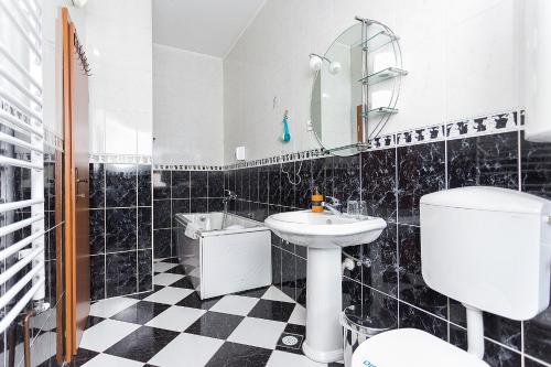 比耶洛波列多米纳斯酒店的黑白浴室设有水槽和卫生间