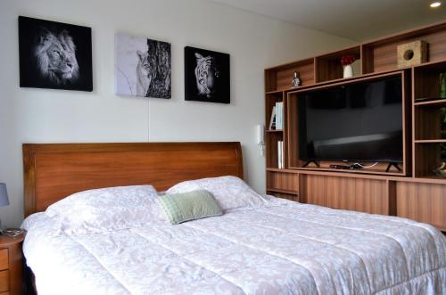 波哥大Loft Cool in Equilibrium的一间卧室配有一张床和一台平面电视