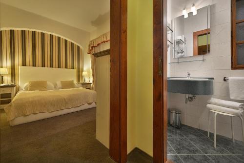 布拉格皮斯托苏U3酒店的客房内的浴室设有床和水槽