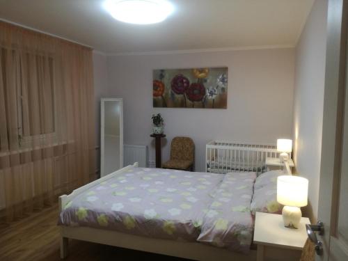 里加Comfort and convenience的一间卧室配有一张床和一张带两盏灯的桌子。