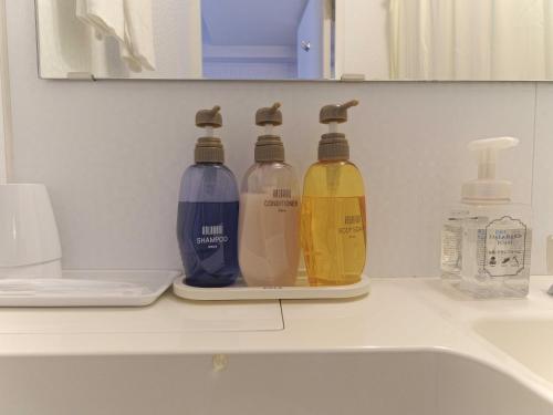 半田名铁赤塔半田市站前酒店的浴室柜台上摆放了三瓶清洁用品