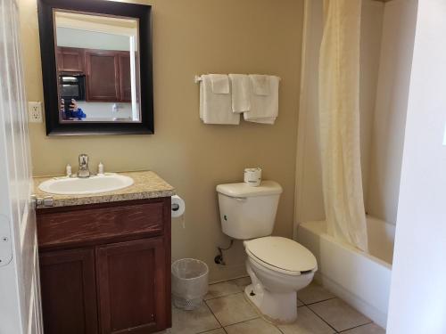 维多利亚十字路口套房旅馆的一间带卫生间、水槽和镜子的浴室