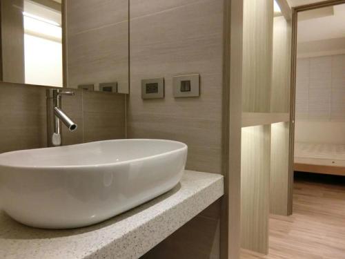 台北3 Bedrooms and 1 Study and 3 Bathrooms Near Taipei 101 & MRT的一个带大白色水槽的柜台浴室