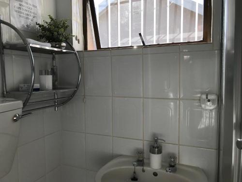开普敦Carrington Cottage的白色瓷砖浴室设有水槽和窗户