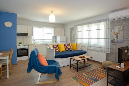 约阿尼纳La Casa - traditionally elegant apt 38m2 w prk grd的一间带蓝色沙发的客厅和一间厨房