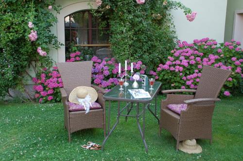 德累斯顿斯托胡特曼努法科图尔公寓的桌子和两把椅子,配有桌子和鲜花