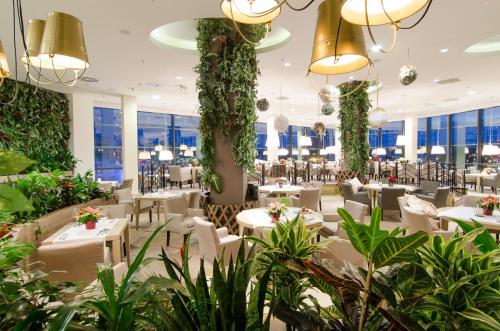 热舒夫热兹佐酒店的一间设有桌椅的餐厅,种植了植物