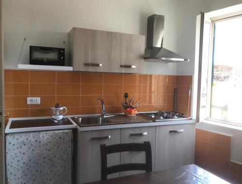 伊斯基亚Casette sul Porto的厨房配有水槽、炉灶和微波炉
