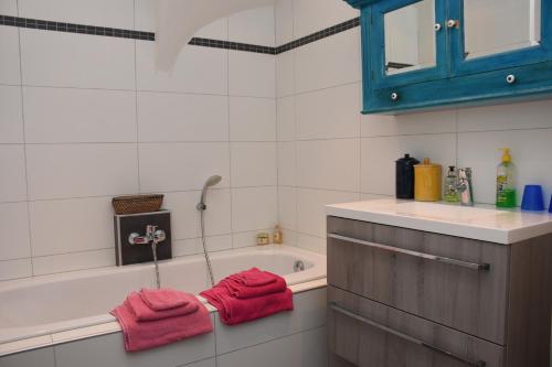 海牙Bed & Breakfast Leonie的带浴缸、水槽和红色毛巾的浴室