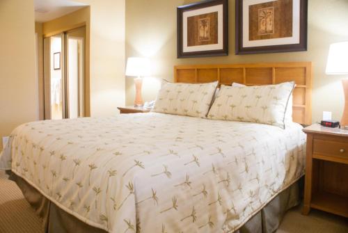 棕榈泉Desert Isle Resort, a VRI resort的一间卧室配有一张大床和两盏灯。